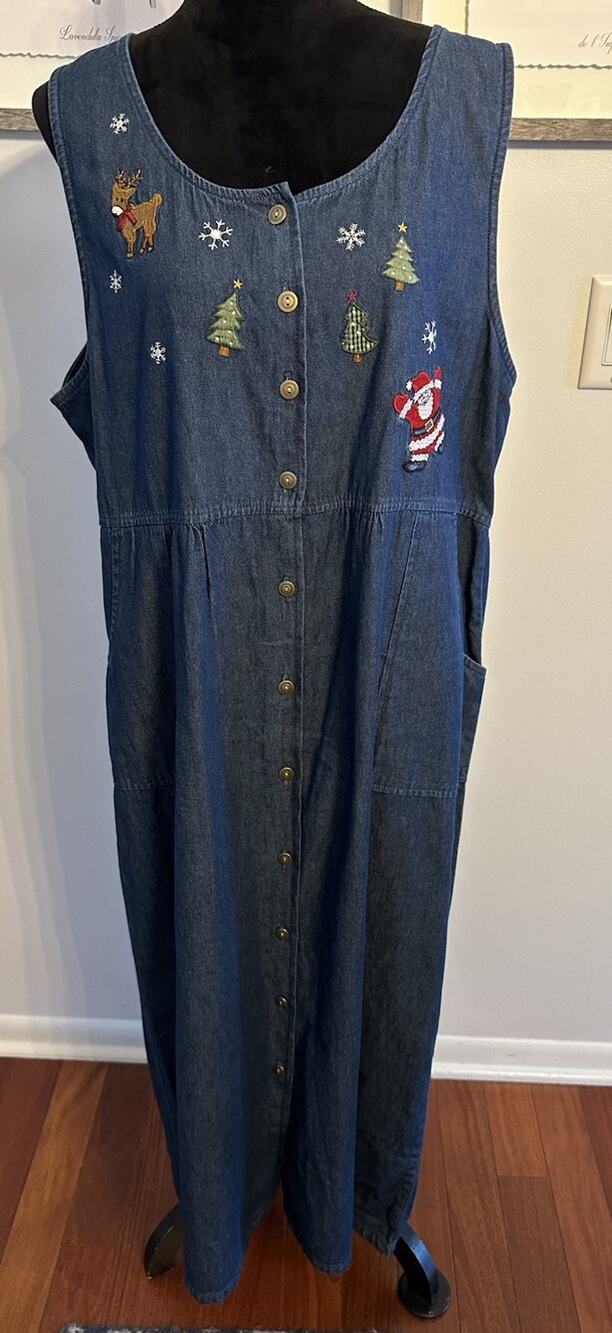 Vintage Bobby Brooks Denim Jean Dress Christmas Embroidery Maxi SizeXL Retro NEW